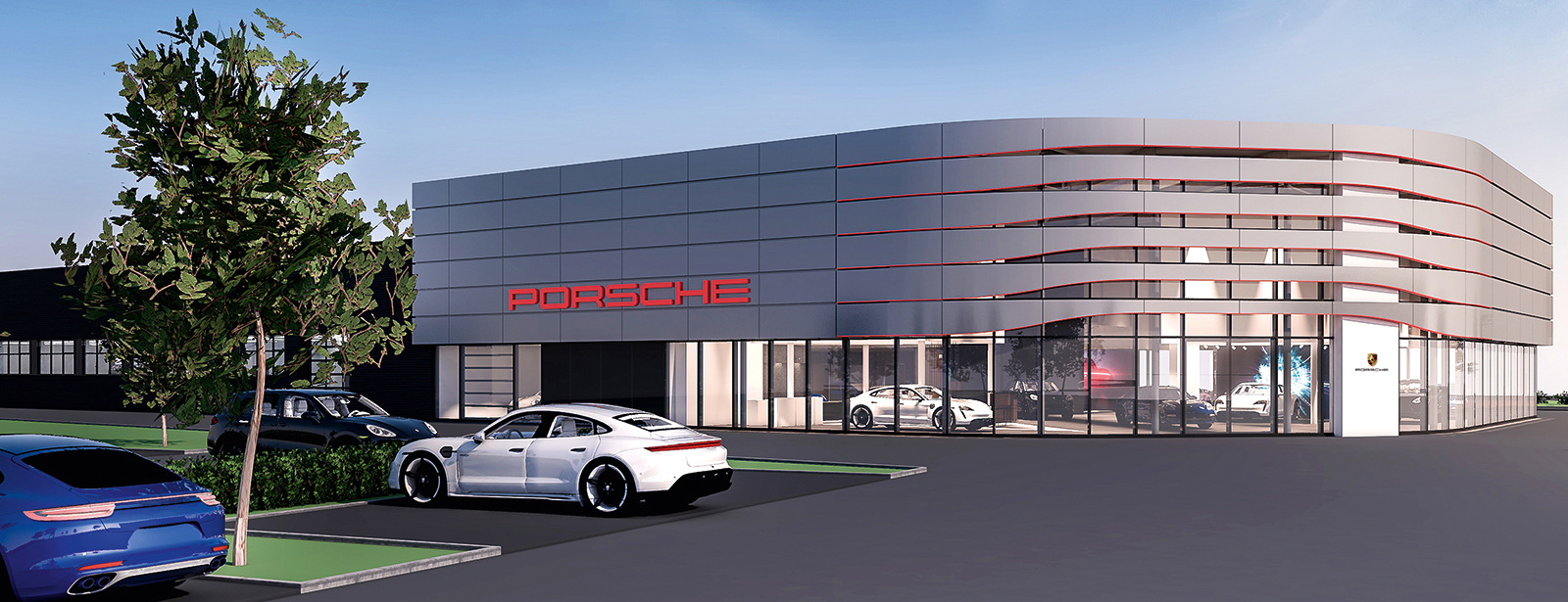 Visualisierung des Porsche Zentrums Altöttingen.